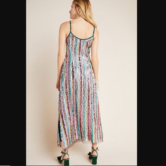 Eva Franco Anthropologie Sequined Maxi Slip multi stripe Dress sequin nwt - Picture 3 of 4